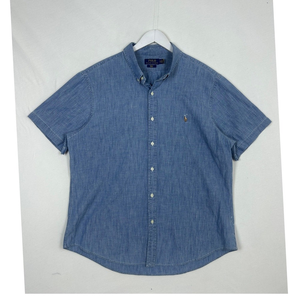 Polo Ralph Lauren Short Sleeve Chambray Shirt XXL Slim Fit Indigo Blue Cropped